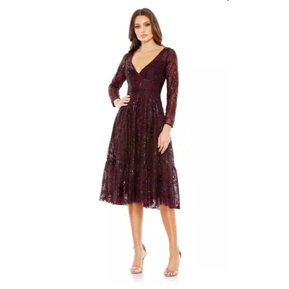 Mac Duggal Lace Embellished Long Sleeve Ruffle Hem Gown Size 4 - Picture 1 of 8